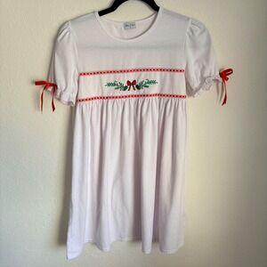 Abby & Evie Girls Christmas Smocked Dress White Red Holly Embroidery Size 12